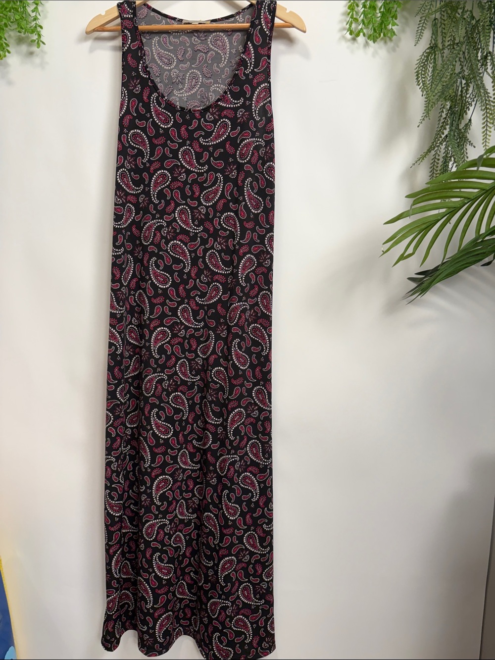 Joan Vass Black Maxi Dress with Pink Paisley Print
